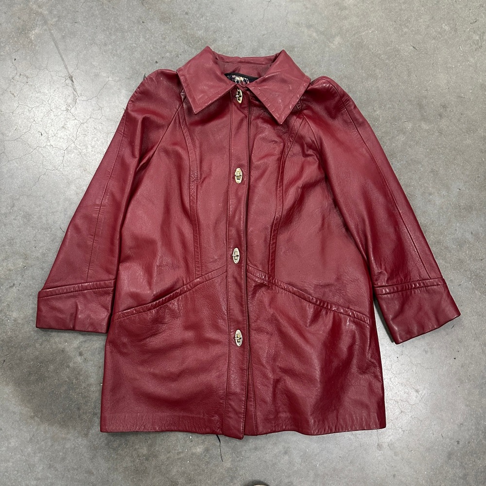 Vintage Burgundy Leather Car Coat with Plaid Liner Turn Lock Closure Size 12